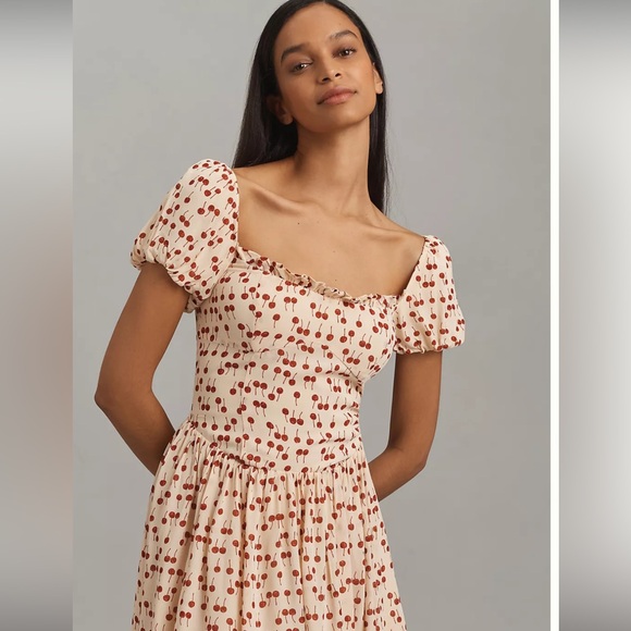 Reformation Davonne Mini Dress in Cherry Pudding Sweetheart Neckline Coquette - Picture 2 of 11